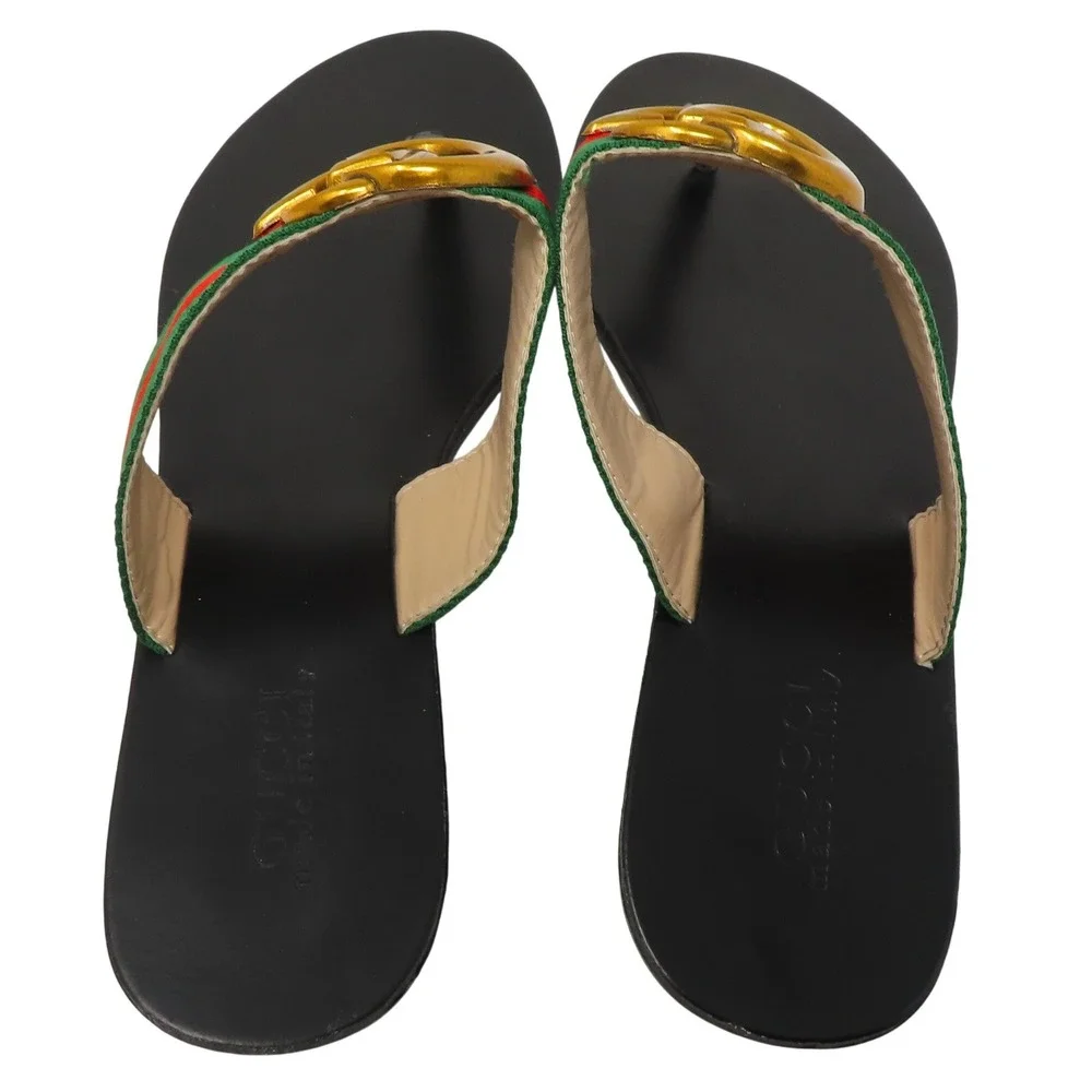 Gucci Double G Web Thong Sandals Black Mens 42 Flip Flops Gold Logo Italy - Picture 9 of 16